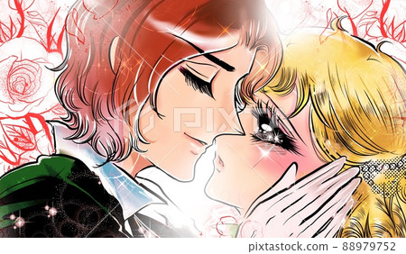 Illustration and rose background of a blonde vertical roll princess who suddenly kisses a handsome prince in the 70's shojo manga 88979752