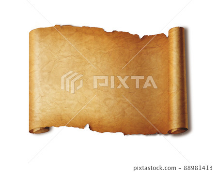 Old mediaeval paper sheet. Horizontal parchment scroll isolated on white with shadow Old mediaeval paper sheet. Horizontal parchment scroll isolated on white with shadow 88981413
