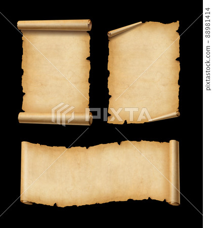 Old Parchment paper scroll set isolated on black. Horizontal and vertical banners Old Parchment paper scroll set isolated on black. Horizontal and vertical banners 88981414