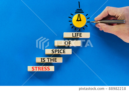 Stress spice of life symbol. Concept words Stress is the spice of life on wooden blocks. Businessman hand. Beautiful blue background. Business motivational stress spice of life concept. Copy space. 88982218