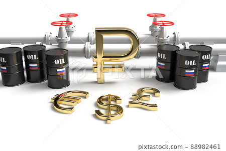 Russian oil barrels and gas pipes with ruble dollar euro and pound 3D rendering Russian oil barrels and gas pipes with ruble dollar euro and pound 3D rendering 88982461