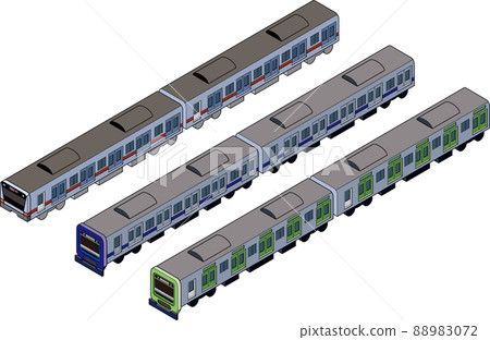 橙色、黃綠色和藍色火車的三維等距樣式火車的插圖。 88983072