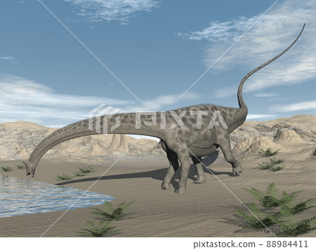 Diplodocus dinosaur drinking in the desert - 3D render 88984411