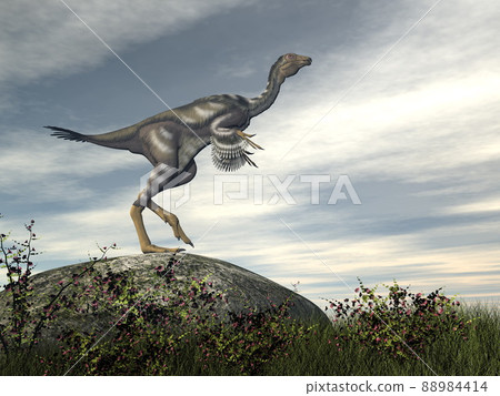 Caudipteryx dinosaur on a rock - 3D render 88984414