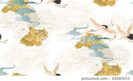Crane birds vector. Japanese background with watercolor texture. Oriental natural wave pattern with chinese cloud decoration banner design in vintage style. Peony floral pattern element. Crane birds vector. Japanese background with watercolor texture. Oriental natural wave pattern with chinese cloud decoration banner design in vintage style. Peony floral pattern element. 88985655