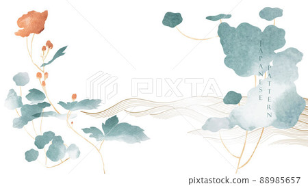 Art natural background design with hand drawn flower element. Japanese wave pattern with watercolor texture vector. Branch with leaves decoration template in vintage style. Art natural background design with hand drawn flower element. Japanese wave pattern with watercolor texture vector. Branch with leaves decoration template in vintage style. 88985657