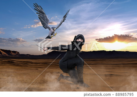 A ninja and a falcon quietly descend against the rising sun in the sandy wilderness 88985795