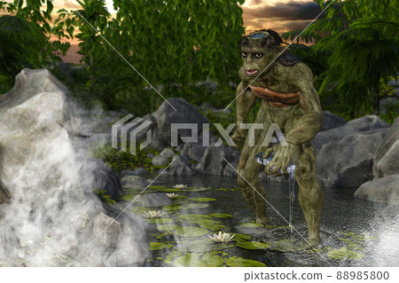 陰森森的河童在黃昏時荷葉飄浮的池塘里捉魚，深深地看著 88985800