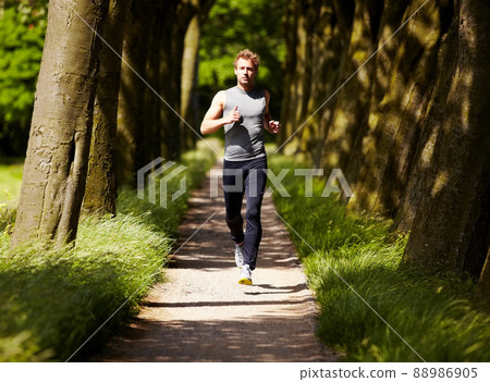 Taking the scenic route today. Young guy out for a jog along a woody path. 88986905
