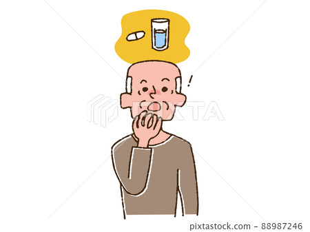 Elderly man who noticed that he forgot to take medicine Comical handwritten person Vector, color on line drawing 88987246