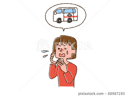A woman calling an ambulance on the phone Comical handwritten person Vector, line drawing in color 88987285