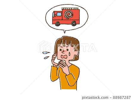 A woman calling a fire engine over the phone Comical handwritten person Vector, line drawing in color 88987287