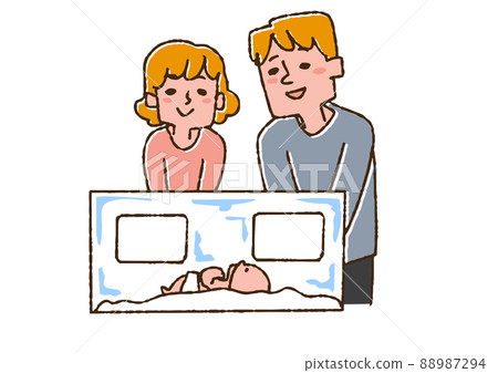A couple looking at a baby in an incubator Comical handwritten person Vector, line drawing and color 88987294