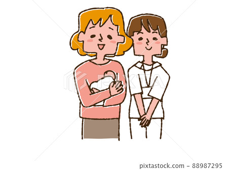 Mom and nurse holding a premature baby Comical handwritten person vector, color on line drawing Mom and nurse holding a premature baby Comical handwritten person vector, color on line drawing 88987295