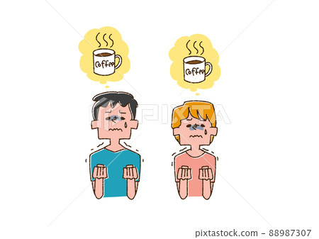 一組忍受咖啡因的男女漫畫手寫人物矢量、線條畫和顏色 88987307