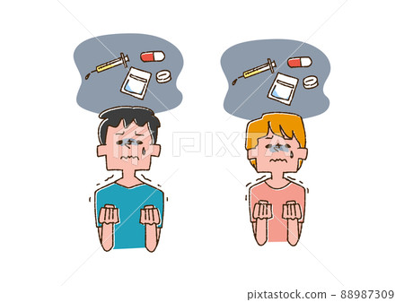 忍受藥物濫用的男人和女人滑稽的手寫數字矢量，彩色線條圖 88987309