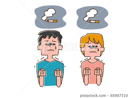 忍受香煙的男人和女人滑稽的手寫數字矢量，彩色線條圖 88987310