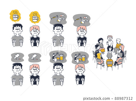 一組與成癮作鬥爭的人 可笑的手寫人物矢量、線條畫和顏色 88987312