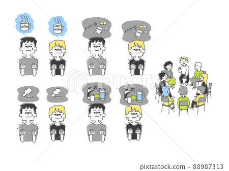 一組與成癮作鬥爭的人 可笑的手寫人物矢量、線條畫和顏色 88987313