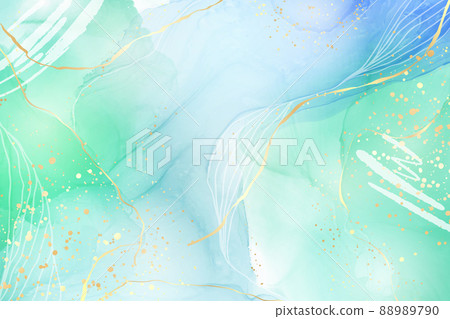 Royal cyan mint liquid marble watercolor background with white lines and brush stains. Teal turquoise marbled alcohol ink drawing effect. Vector illustration backdrop, watercolour wedding invitation 88989790