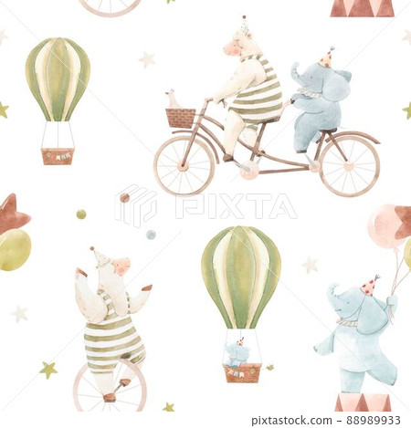 Beautiful children seamless pattern with cute watercolor hand drawn circus animals. Sheep juggle on unicycle, baby elephant with air balloons. Stock illustration. 88989933