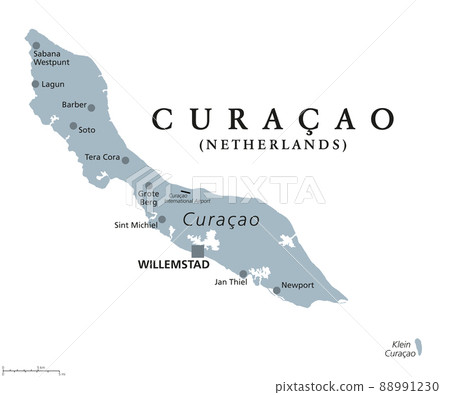 Curacao, gray political map. Island in the Leeward Antilles in the Caribbean Sea with capital Willemstad. Lesser Antilles island country and part of the ABC islands, off the coast of Venezuela. Vector 88991230