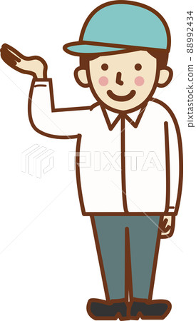 一個戴著帽子的微笑工人舉起了手。 88992434