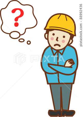 A male worker wearing a helmet with his arms crossed and thinking. A male worker wearing a helmet with his arms crossed and thinking. 88992436