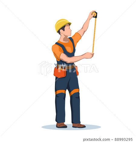 Worker use building roulette. Builder with metric tool. Man in uniform with engineer ruler. Isolated industrial scene. Contractor boy measure wall Worker use building roulette. Builder with metric tool. Man in uniform with engineer ruler. Isolated industrial scene. Contractor boy measure wall 88993295