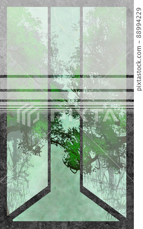 A door that opens to a mysterious forest, a background illustration with a deformed text area, green A door that opens to a mysterious forest, a background illustration with a deformed text area, green 88994229