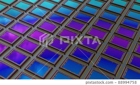 Background made of many modern digital camera back-illuminated sensors, just manufactured on the conveyor. 3D rendering Background made of many modern digital camera back-illuminated sensors, just manufactured on the conveyor. 3D rendering 88994758