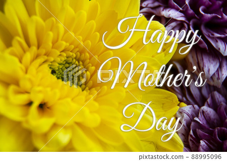 Happy Mother's Day text wishes with yellow and purple flowers background. Mother's Day concept Happy Mother's Day text wishes with yellow and purple flowers background. Mother's Day concept 88995096