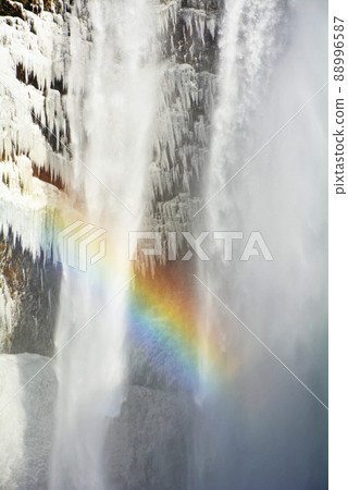 Icelandic waterfall, snowy landscape of Skogafoss Icelandic waterfall, snowy landscape of Skogafoss 88996587