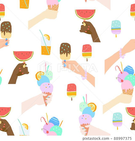 Seamless Pattern with Hands holding Ice Cream on White Background 88997375