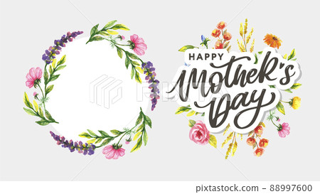 Happy Mothers Day lettering. Handmade calligraphy vector illustration. Mother's day card with flowers Happy Mothers Day lettering. Handmade calligraphy vector illustration. Mother's day card with flowers 88997600