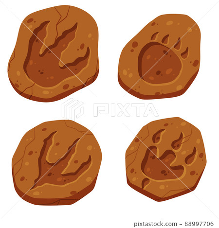 Footprints of a fossil dinosaur. Set of Dino reptile foot trail. Paw in brown clay or stone. 88997706