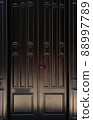 Fragment of black wooden door texture. 88997789
