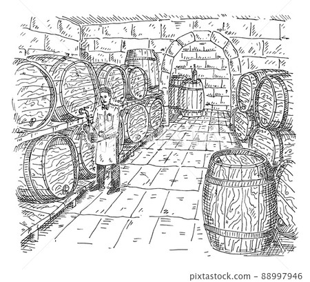 Man tastes wine in cellar with wooden barrels. Vintage hatching illustration. Man tastes wine in cellar with wooden barrels. Vintage hatching illustration. 88997946