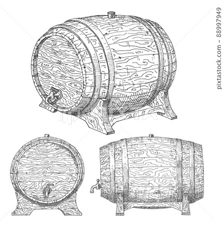 Wooden barrel. Vintage hatching monochrome black illustration 88997949