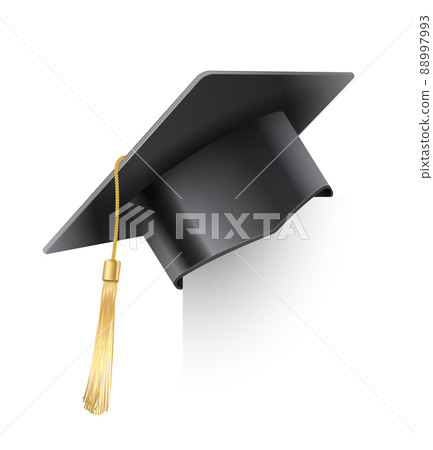 Vector realistic mortar board hat with golden tassel. Graduation cap. University graduation black hat. Academic education symbol, high University bachelor headware 88997993