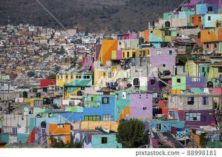 Colorful living district in Pachuca, Hidalgo state, Mexico. Grand Mural - Colorful buildings in Cubitos colonia 88998181