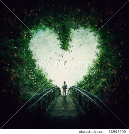 Follow your heart concept, beautiful painting style. Melancholic person comes out of a marvelous green forest, walking the path to light. Surreal and magic scene, fresh environment Follow your heart concept, beautiful painting style. Melancholic person comes out of a marvelous green forest, walking the path to light. Surreal and magic scene, fresh environment 88998200