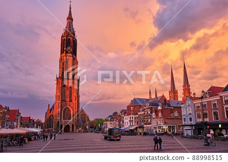 Nieuwe Kerk New Church protestant church on Delft Market Square Markt with people Nieuwe Kerk New Church protestant church on Delft Market Square Markt with people 88998515