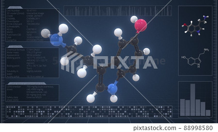 Molecule of 5-hydroxytryptamine with infographics on the computer monitor, 3d rendering 88998580