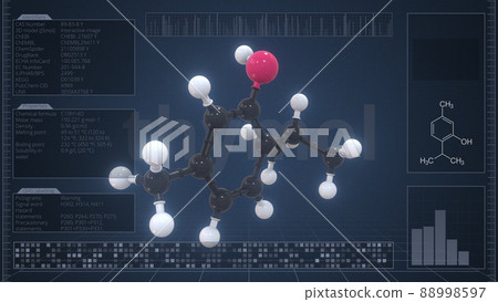 Molecule of thymol with infographics on the computer monitor, 3d rendering Molecule of thymol with infographics on the computer monitor, 3d rendering 88998597