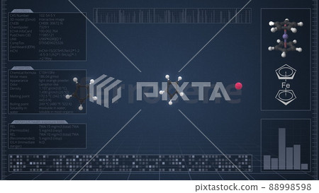 Molecule of ferrocene with infographics on the computer monitor, 3d rendering Molecule of ferrocene with infographics on the computer monitor, 3d rendering 88998598