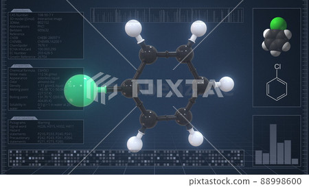 Overview of the molecule of chlorobenzene on the computer screen. 3d rendering Overview of the molecule of chlorobenzene on the computer screen. 3d rendering 88998600