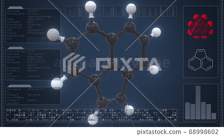 Molecule of acenaphthylene with infographics on the computer monitor, 3d rendering Molecule of acenaphthylene with infographics on the computer monitor, 3d rendering 88998602