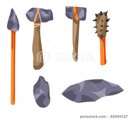 Prehistoric handmade stone tools and spears set Prehistoric handmade stone tools and spears set 88999187