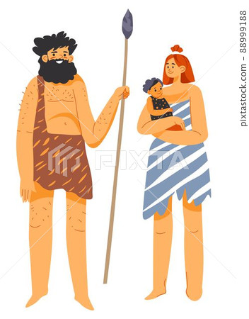 Neanderthal family, mother and father with child 88999188